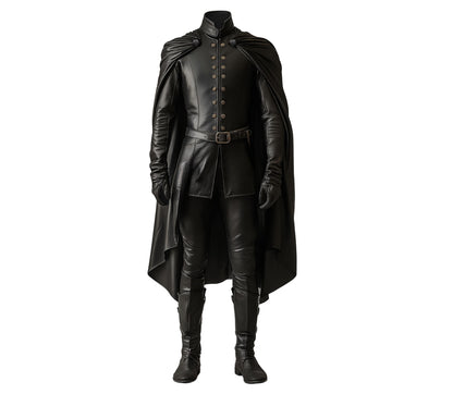 Duke Of Shadows - Handmade Pure Black Leather Medieval Cloak, Leather Renaissance Cloak With Vest For Festival, Ren Faire Fantasy Costume
