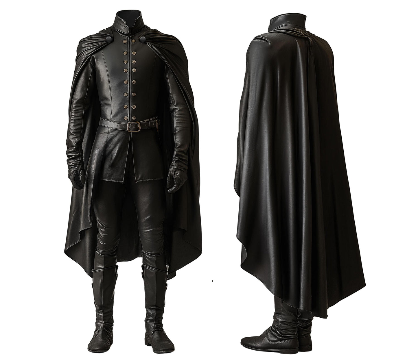 Duke Of Shadows - Handmade Pure Black Leather Medieval Cloak, Leather Renaissance Cloak With Vest For Festival, Ren Faire Fantasy Costume