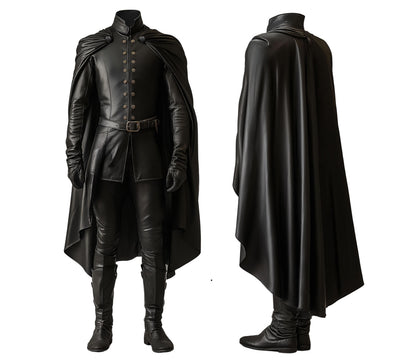Duke Of Shadows - Handmade Pure Black Leather Medieval Cloak, Leather Renaissance Cloak With Vest For Festival, Ren Faire Fantasy Costume