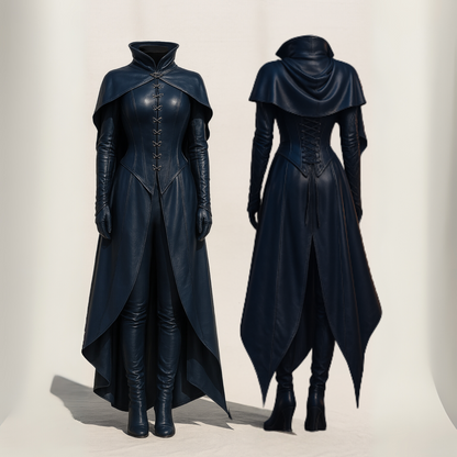 Midnight Enchantress Corset Gown – Gothic Leather Witch Costume Dress with Built-in Cape - Fantasy Cosplay for LARP, Halloween, Ren Faire