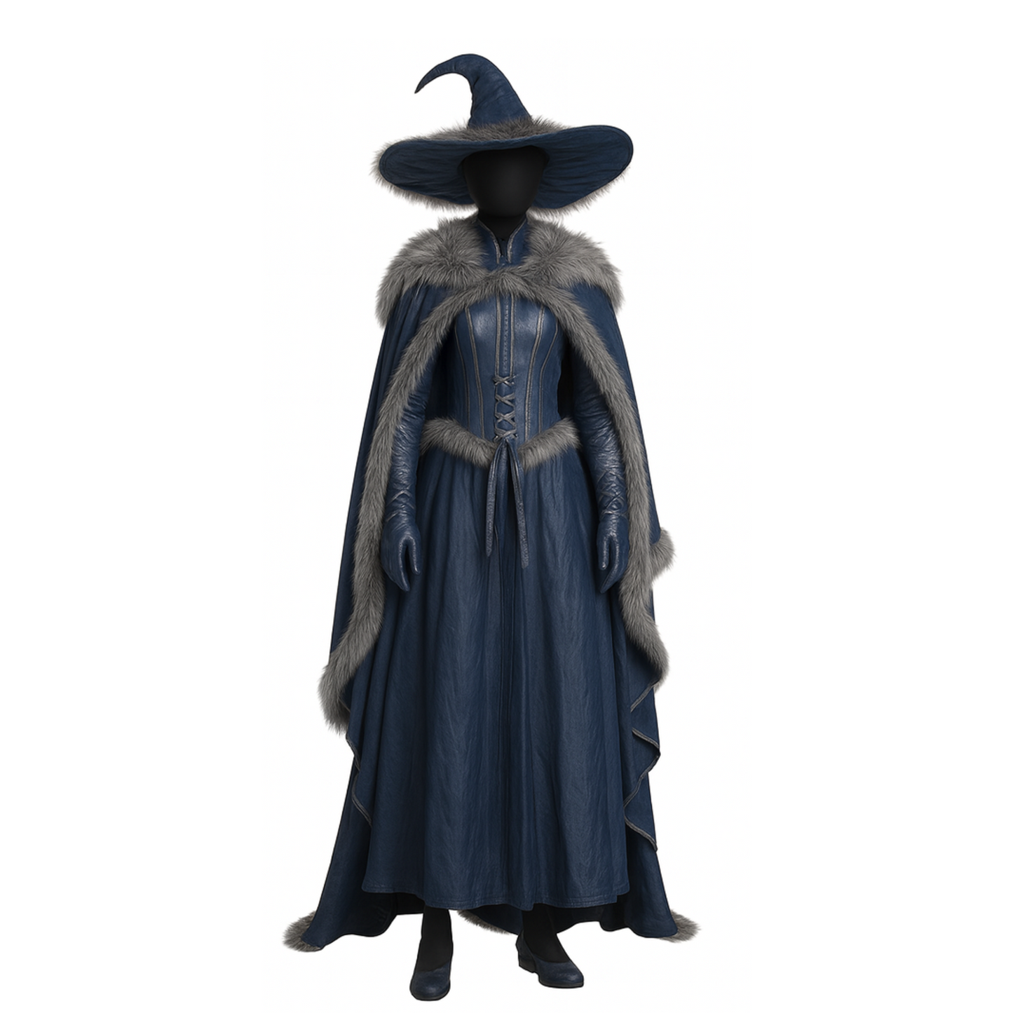Blue Leather-Look moonlit Witch Costume – Gothic Sorceress Cloak and Hat