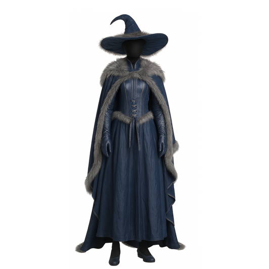 Blue Leather-Look moonlit Witch Costume – Gothic Sorceress Cloak and Hat