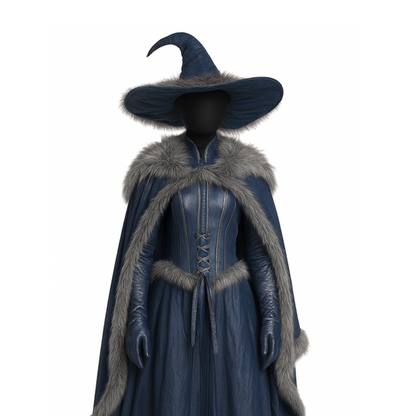 Blue Leather-Look moonlit Witch Costume – Gothic Sorceress Cloak and Hat