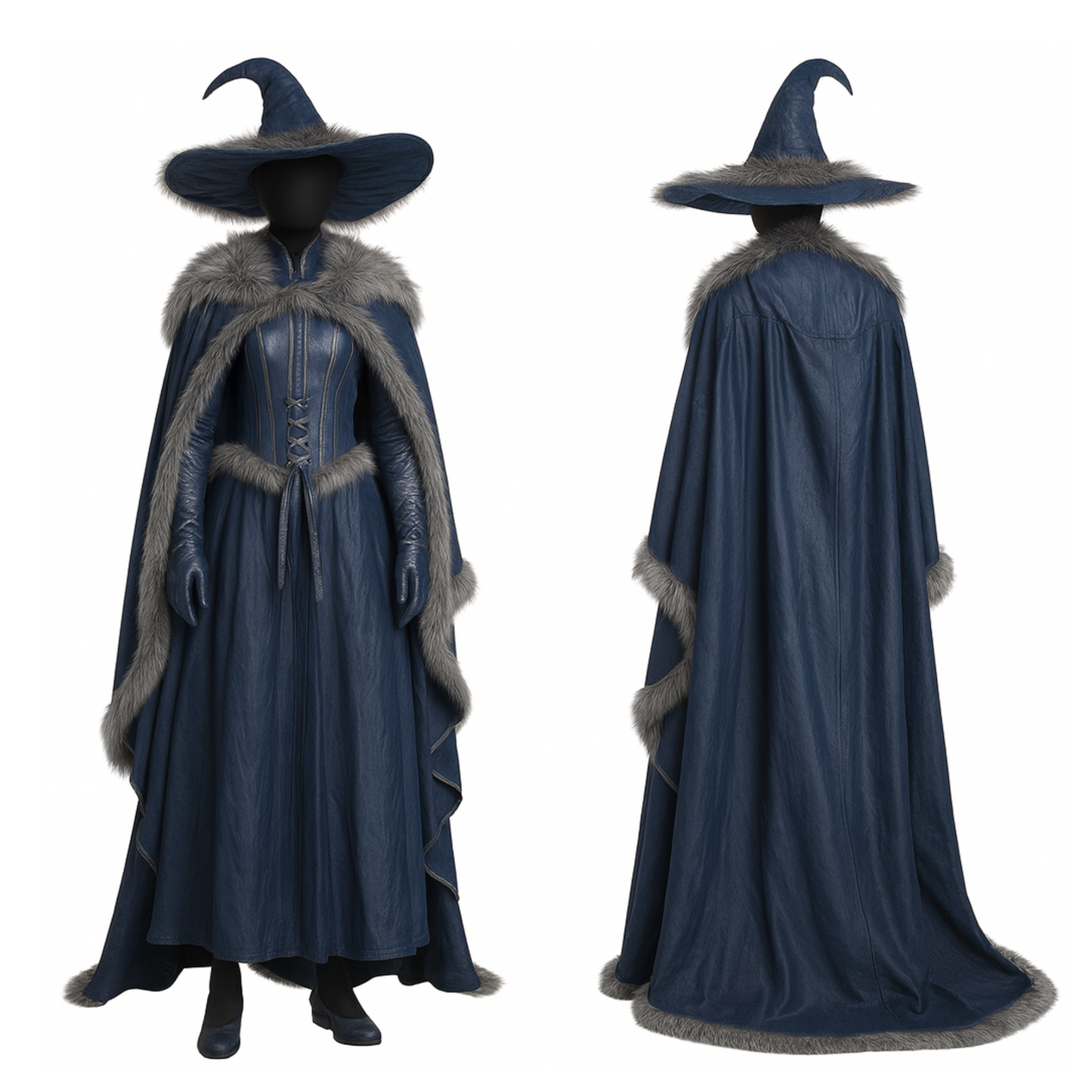 Blue Leather-Look moonlit Witch Costume – Gothic Sorceress Cloak and Hat
