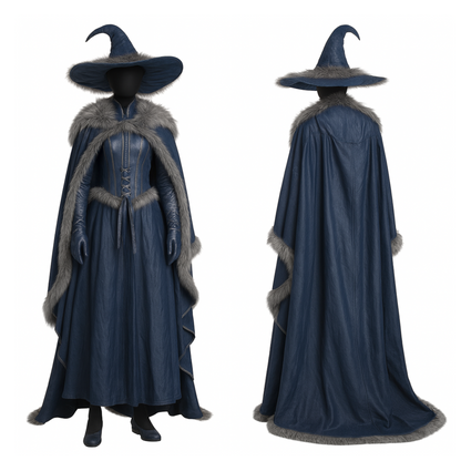 Blue Leather-Look moonlit Witch Costume – Gothic Sorceress Cloak and Hat