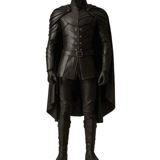 Ravenbane Warden – Handmade Pure Black Leather Medieval Cloak - Leather Renaissance Cloak With Vest For Festival - Ren Faire Fantasy Costume