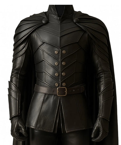 Ravenbane Warden – Handmade Pure Black Leather Medieval Cloak - Leather Renaissance Cloak With Vest For Festival - Ren Faire Fantasy Costume