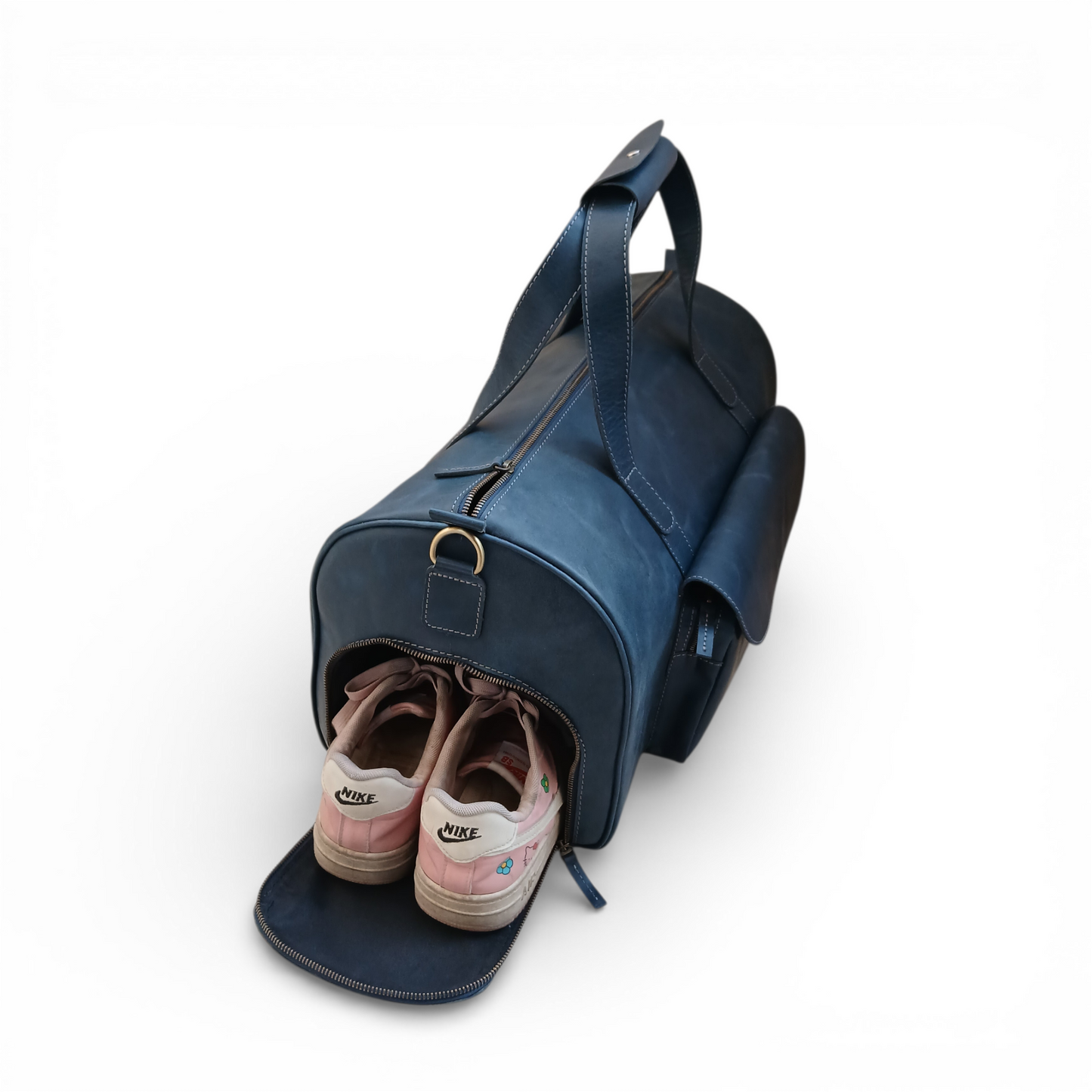 Premium Navy Leather Duffel Weekender Travel Bag