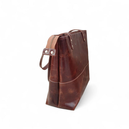 Dark Brown Crazy Horse Leather Tote Bag | Long Handle Women’s Handbag