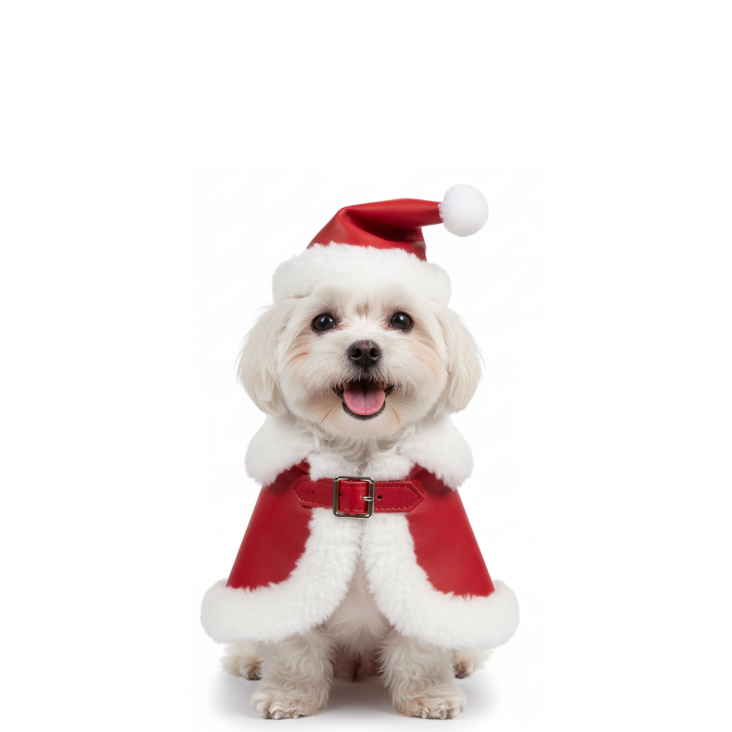 Santa Dog Cloak with Matching Cap – Dog Christmas Costume - Red Leather Christmas Pet Cape with White Fur Trim – Holiday Photo Outfit