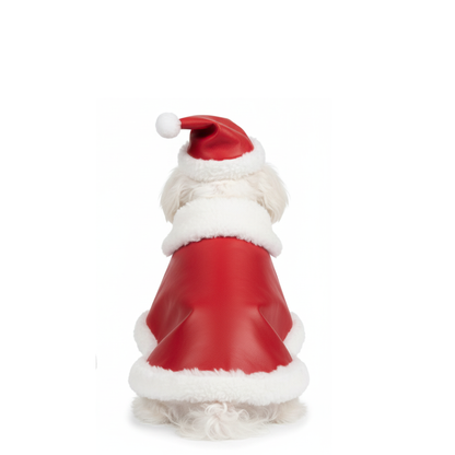 Santa Dog Cloak with Matching Cap – Dog Christmas Costume - Red Leather Christmas Pet Cape with White Fur Trim – Holiday Photo Outfit