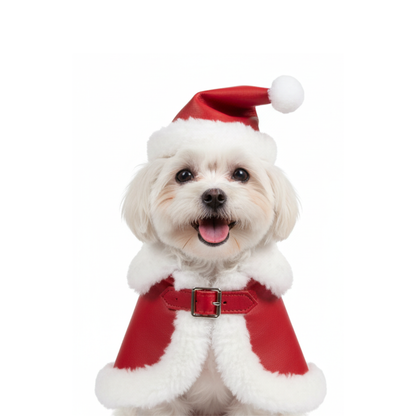 Santa Dog Cloak with Matching Cap – Dog Christmas Costume - Red Leather Christmas Pet Cape with White Fur Trim – Holiday Photo Outfit