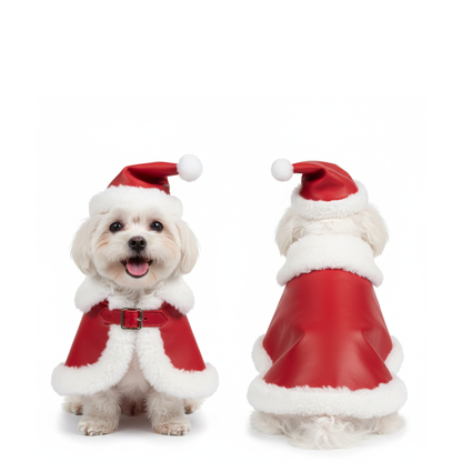 Santa Dog Cloak with Matching Cap – Dog Christmas Costume - Red Leather Christmas Pet Cape with White Fur Trim – Holiday Photo Outfit