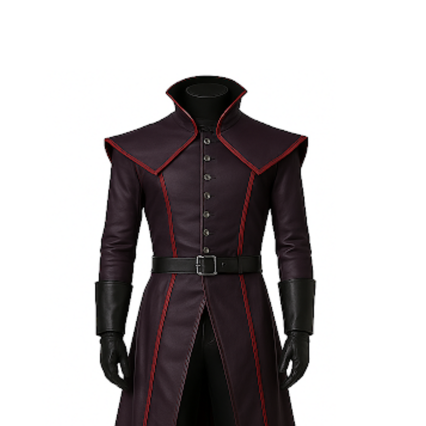 Gothic Maroon Leather-Look Trench Coat: Red Trim Vampire Costume