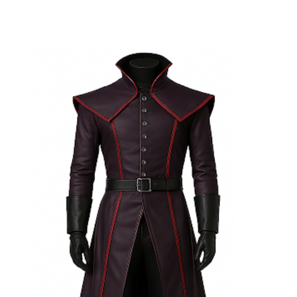 Gothic Maroon Leather-Look Trench Coat: Red Trim Vampire Costume