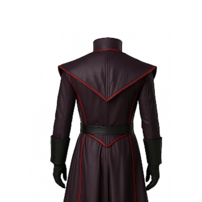 Gothic Maroon Leather-Look Trench Coat: Red Trim Vampire Costume