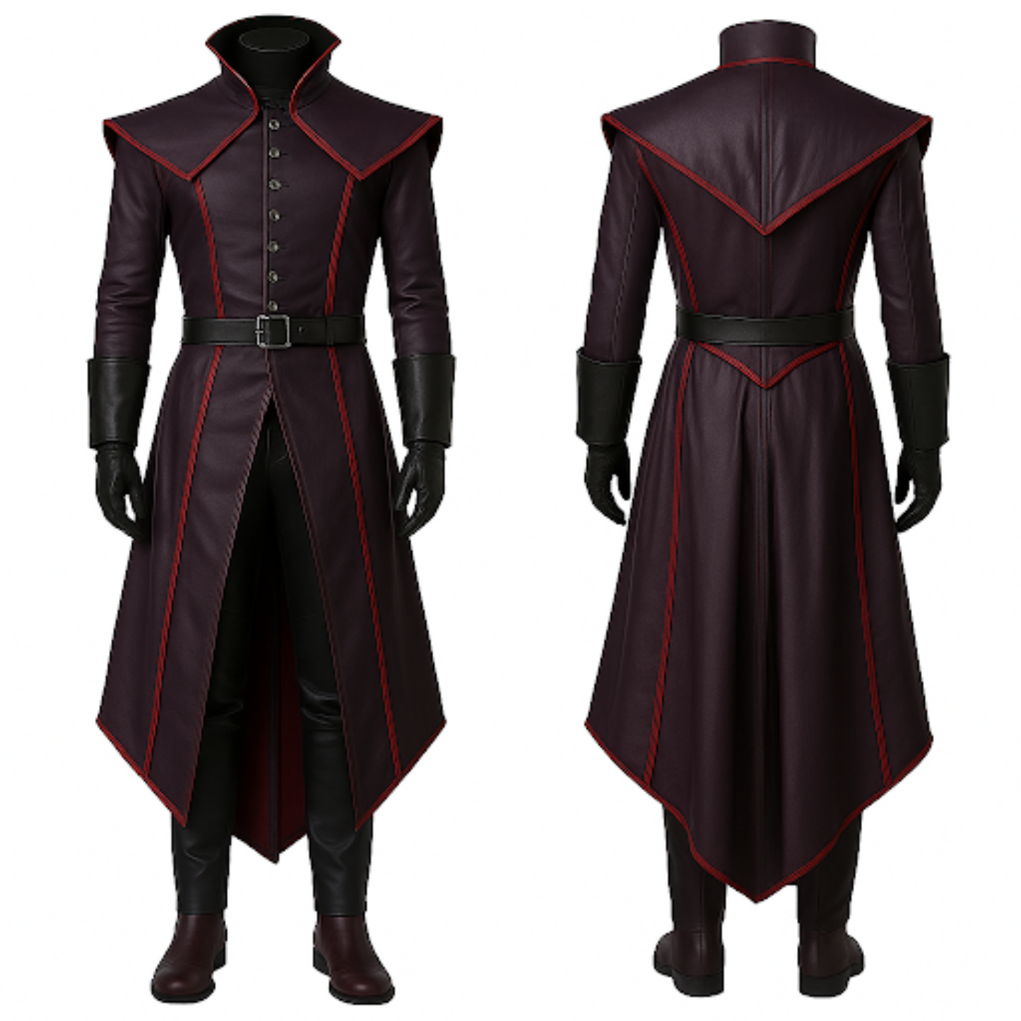 Gothic Maroon Leather-Look Trench Coat: Red Trim Vampire Costume