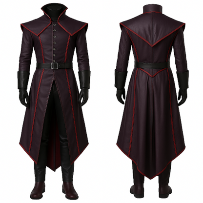 Gothic Maroon Leather-Look Trench Coat: Red Trim Vampire Costume
