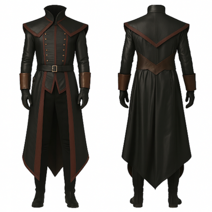Black Leather Medieval Trench Coat: Gothic LARP Cosplay Costume