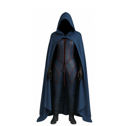 The Duskweaver – Handmade Leather Blue Hooded Cloak with Vest - Medieval Fantasy Costume for LARP, Cosplay, Renaissance Faire, Halloween