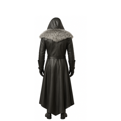 Medieval Fur Hooded Leather Trench Coat: Gothic LARP Cosplay Jacket