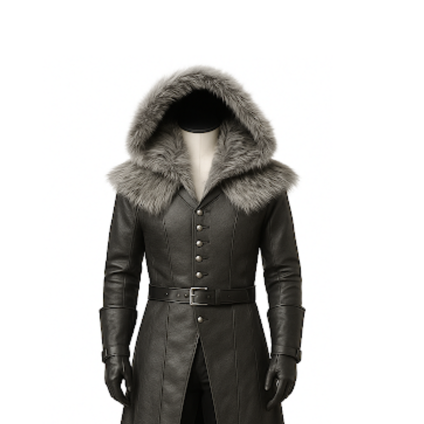 Medieval Fur Hooded Leather Trench Coat: Gothic LARP Cosplay Jacket