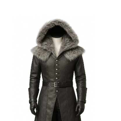 Medieval Fur Hooded Leather Trench Coat: Gothic LARP Cosplay Jacket