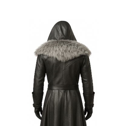 Medieval Fur Hooded Leather Trench Coat: Gothic LARP Cosplay Jacket