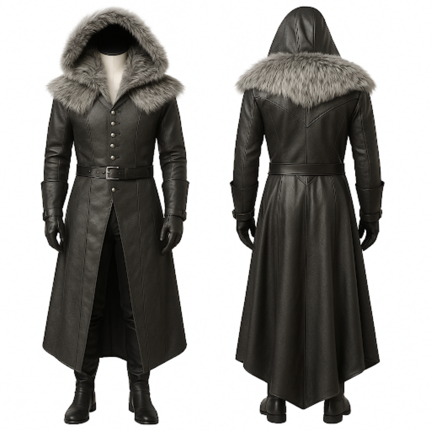 Medieval Fur Hooded Leather Trench Coat: Gothic LARP Cosplay Jacket