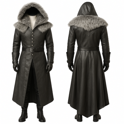 Medieval Fur Hooded Leather Trench Coat: Gothic LARP Cosplay Jacket