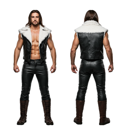 Gothic Black Leather Vest with Faux Fur Collar & Boots: LARP Cosplay Outfit