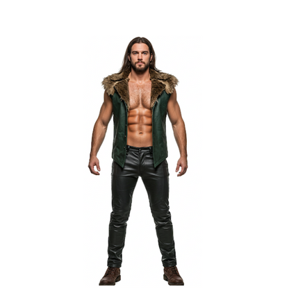Dark Green Leather Viking Vest with Fur Collar - LARP Cosplay