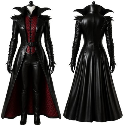 Vampire Queen Leather Coat Set - Gothic High Collar Trench Coat with Red Vest - Halloween Cosplay Costume - Dark Fantasy LARP Outfit