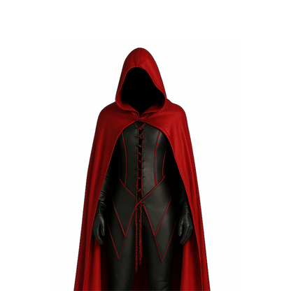 Vermilion Dreadlord – Leather Red Hooded Cloak with Vest, Gothic Vampire Costume for LARP, Cosplay, Renaissance, Halloween