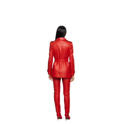 Women Leather Trench Coat and Pants Set – Double-Breasted Belted Trench Outfit – Premium Leather Set for Cosplay, Streetwear – Gift for Women