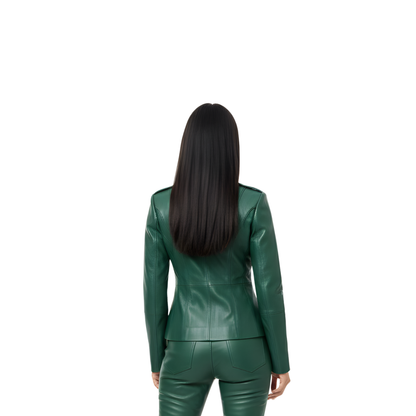 Women Military Style Leather Suit – High Neck Peplum Jacket & Pants Set – Emerald Leather Outfit for Streetwear, Cosplay - Gift for Her