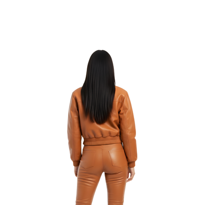 Women’s Leather Bomber Jacket and Pants Set - Trendy Matching Leather Outfit - Stylish Fall Outfit - High Waist Leather Pants for Women