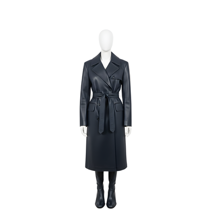 Women’s Leather Trench Coat – Double-Breasted Long Coat – Long Belted Wrap Coat – Classic Winter Fashion