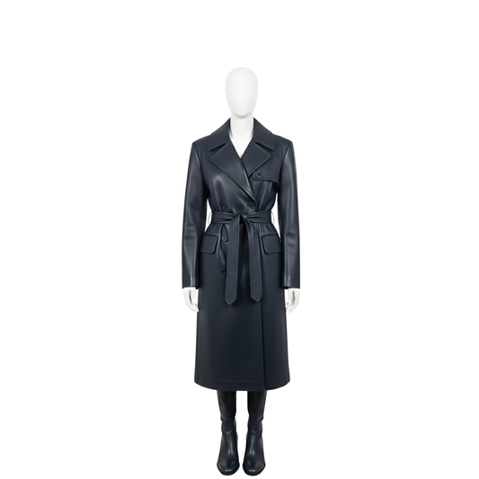 Women’s Leather Trench Coat – Double-Breasted Long Coat – Long Belted Wrap Coat – Classic Winter Fashion