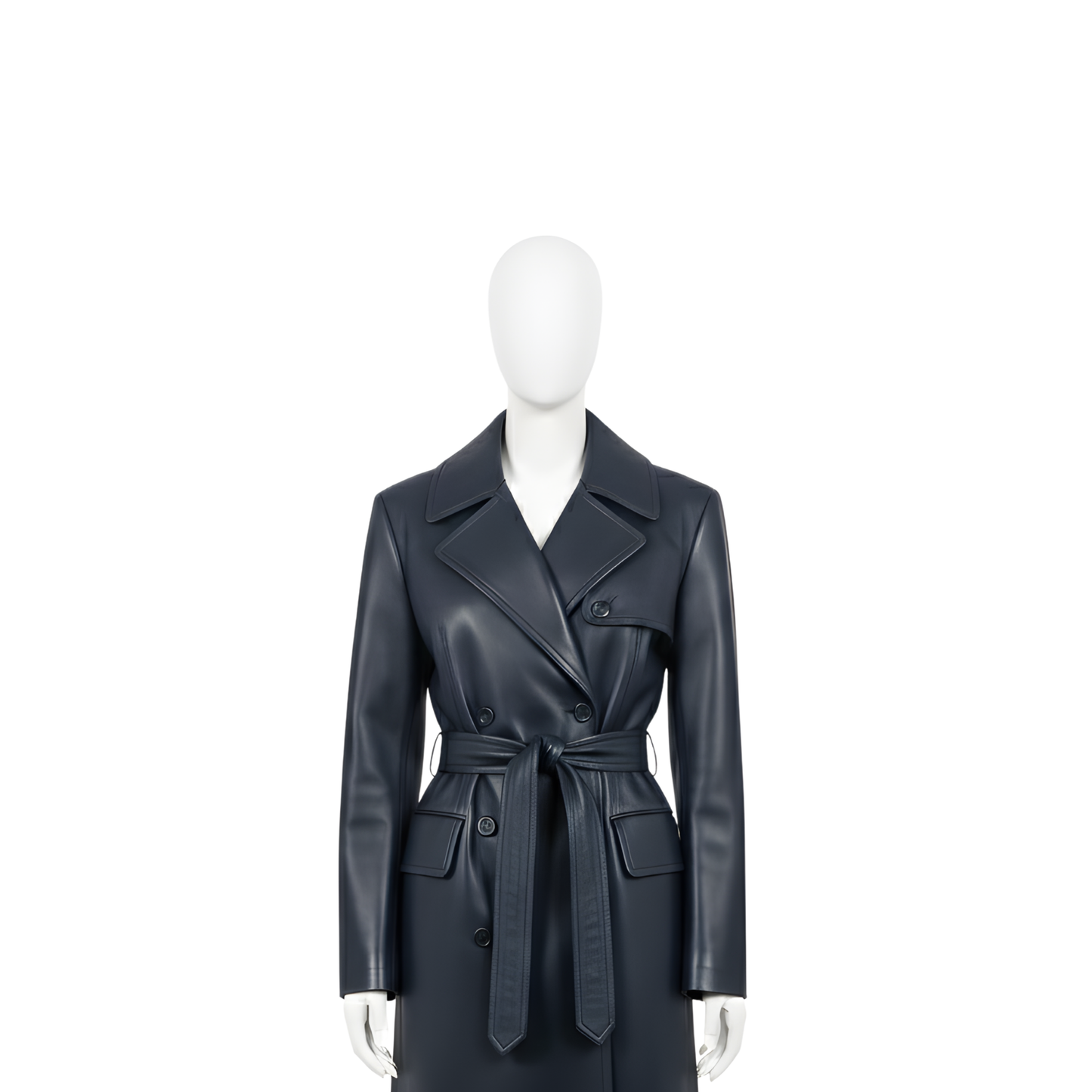 Women’s Leather Trench Coat – Double-Breasted Long Coat – Long Belted Wrap Coat – Classic Winter Fashion