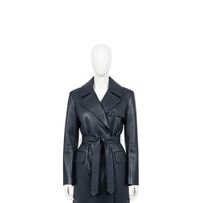 Women’s Leather Trench Coat – Double-Breasted Long Coat – Long Belted Wrap Coat – Classic Winter Fashion