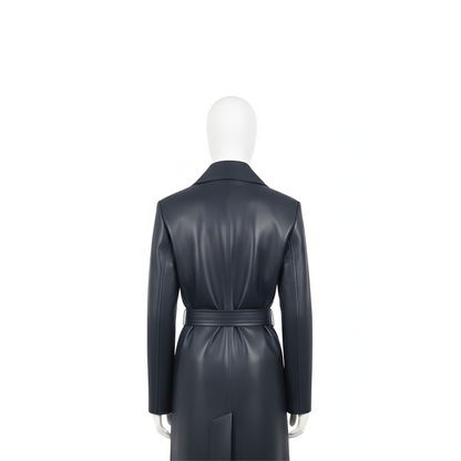 Women’s Leather Trench Coat – Double-Breasted Long Coat – Long Belted Wrap Coat – Classic Winter Fashion